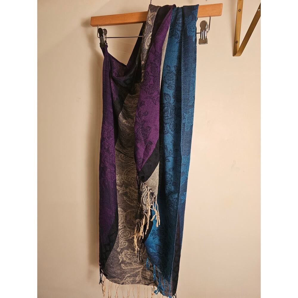 Pashmina/Silk Purple & Teal Floral Jacquard Scarf